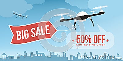 Drone carrying a shopping sale banner in the sky Vector Illustration