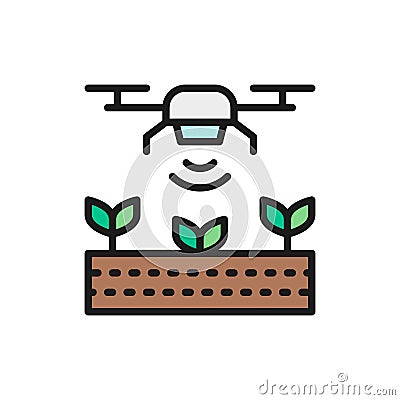 Drone control for seed planting, agriculture flat color line icon. Vector Illustration