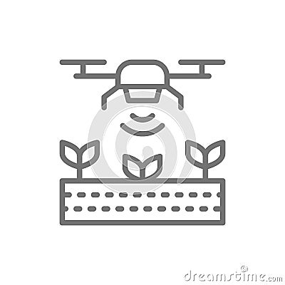 Drone control for seed planting, agriculture line icon. Vector Illustration