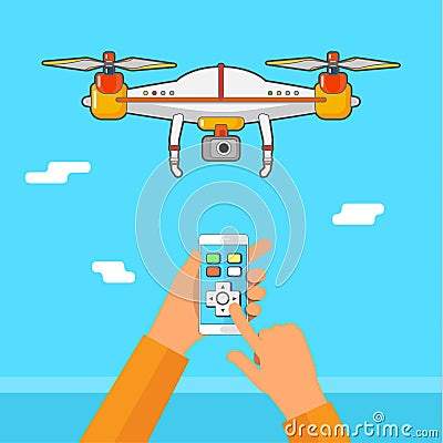 Drone control via phone. Quadcopter aerial with camera Vector Illustration