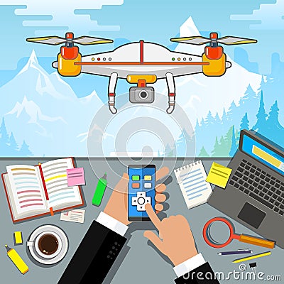 Drone control via phone. Quadcopter aerial with camera Vector Illustration