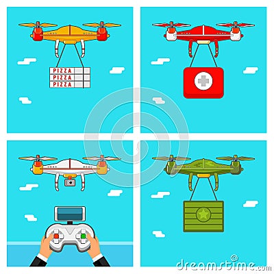 Drone control via Remote. Quadcopter aerial with camera Vector Illustration