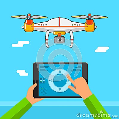 Drone control via the tablet. Quadcopter aerial with camera Vector Illustration