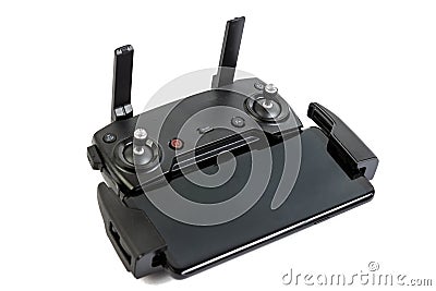 Drone controler with mobile phone connected isolated above white background Stock Photo