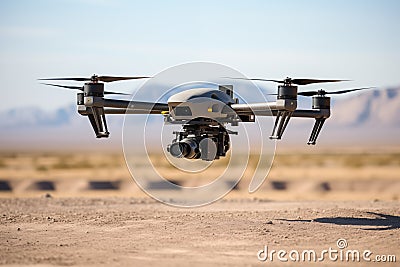 Drone hovering with camera taking photo, shooting video. Generative AI Stock Photo