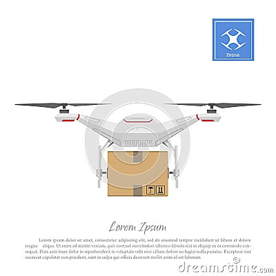 Drone delivering cardboard box. Realistic image of quadrocopter on white background Vector Illustration