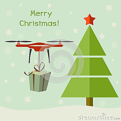 Drone delivering Christmas gifts under christmas tree Stock Photo