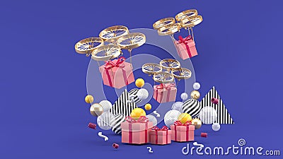 Drone delivers a gift box among colorful balls on a purple background Stock Photo