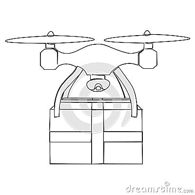 The drone delivers the package. Drawn by hand in one continuous line. Vector Illustration