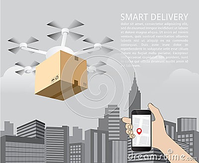 Drone delivery concept vector illustration. Quadcopter carrying Vector Illustration
