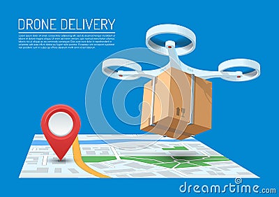 Drone delivery concept vector illustration. Quadcopter flying over a map and carrying a package Vector Illustration