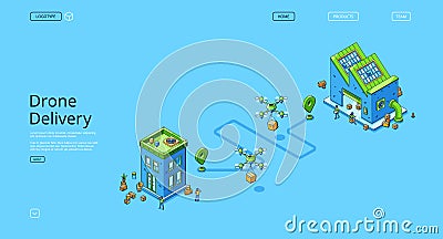 Drone delivery isometric landing page, quadcopters Vector Illustration