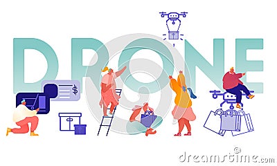 Drone Delivery Service Concept with People Controlling Quadcopter. Man and Woman Characters Buying Online Vector Illustration