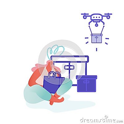Drone Delivery Service Concept with People Controlling Quadcopter. Woman Character Shopping Online. Technology Vector Illustration