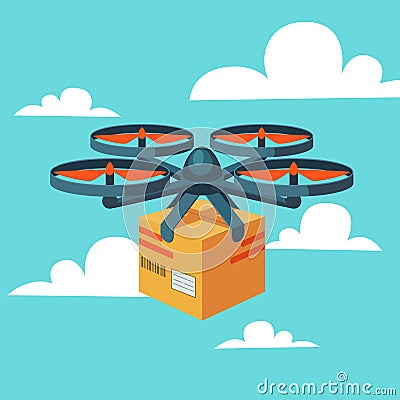 Drone delivery service. Remote air drone with parcel. Modern delivery of the package by flying quadcopter. Flat style Vector Illustration