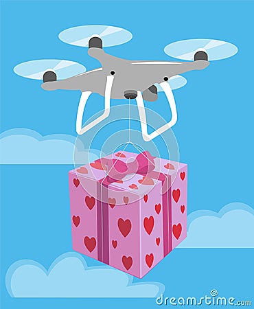 Drone delivery Valentine Day romantic gift box pink heart. Vector Cartoon Illustration