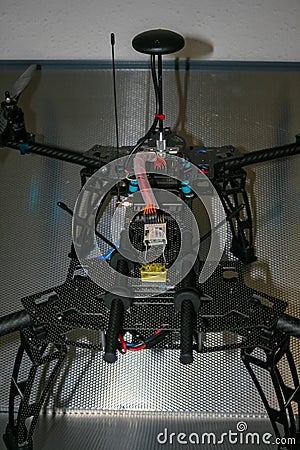Drone design prototype and build showing different electronic modules Stock Photo