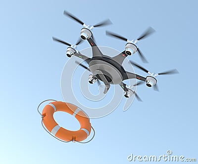 Drone dropping lifebuoy for lifesaving concept Stock Photo