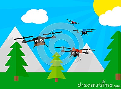 Drone family on the trip flat Vector Illustration