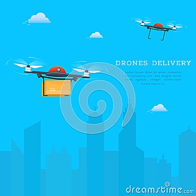 Drone fast delivery concept, two quadcopters flying with cityscape background. Air drones carrying package into urban city Stock Photo