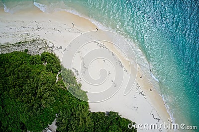 Drone field of view of sea, sand and beach Curieuse Island, Seychelles Stock Photo