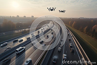 drone flies over busy highway, capturing footage of autonomous vehicles in motion Stock Photo