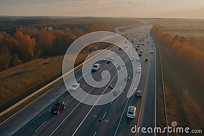 drone flies over busy highway, capturing footage of autonomous vehicles in motion Stock Photo