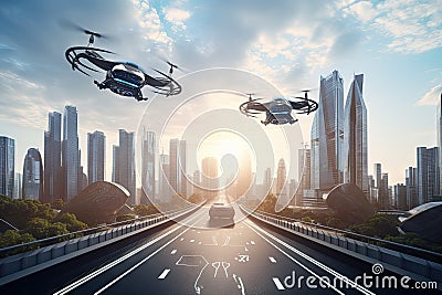 drone flies over futuristic city, with self-driving vehicles on the road Stock Photo