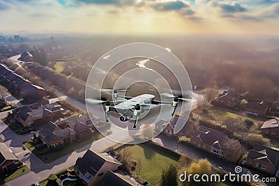 A drone flies over a residential area. Stock Photo