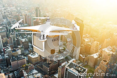 Drone flying with a delivery box package over a sunset city Stock Photo