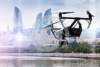 Drone flying over Baku city Stock Photo