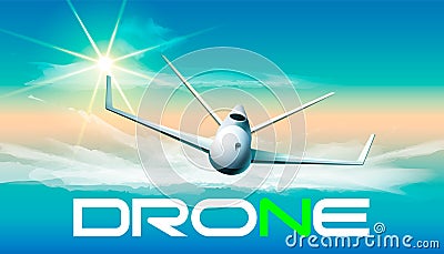 Drone flying in sunlight. Vector illustration of flying drone in sunlight and a word. Vector Illustration