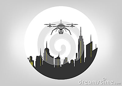 Drone flying, technology service icon , whit camera in the skyline city. illustration Vector Illustration