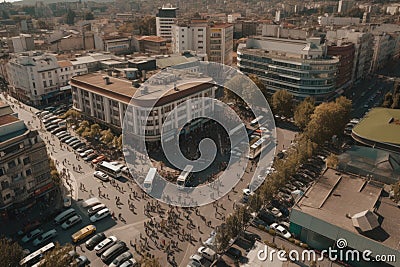 drone flyover of busy city center, with cars and people in the foreground Stock Photo