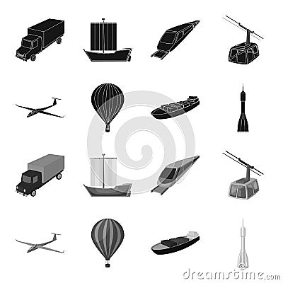 A drone, a glider, a balloon, a transportation barge, a space rocket transport modes. Transport set collection icons in Vector Illustration