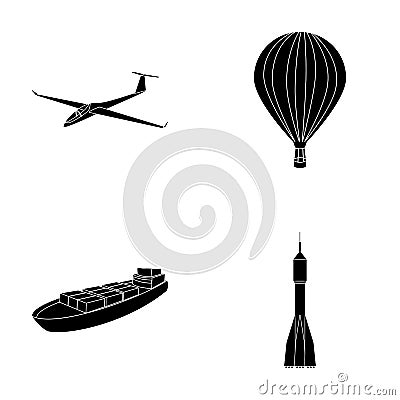 A drone, a glider, a balloon, a transportation barge, a space rocket transport modes. Transport set collection icons in Vector Illustration