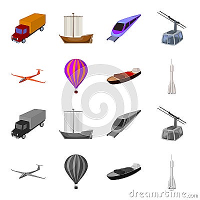 A drone, a glider, a balloon, a transportation barge, a space rocket transport modes. Transport set collection icons in Vector Illustration