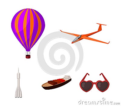 A drone, a glider, a balloon, a transportation barge, a space rocket transport modes. Transport set collection icons in Vector Illustration