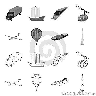 A drone, a glider, a balloon, a transportation barge, a space rocket transport modes. Transport set collection icons in Vector Illustration