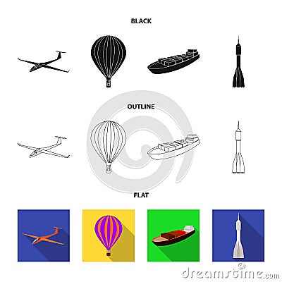 A drone, a glider, a balloon, a transportation barge, a space rocket transport modes. Transport set collection icons in Vector Illustration