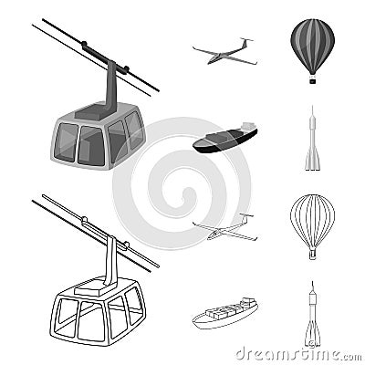 A drone, a glider, a balloon, a transportation barge, a space rocket transport modes. Transport set collection icons in Vector Illustration