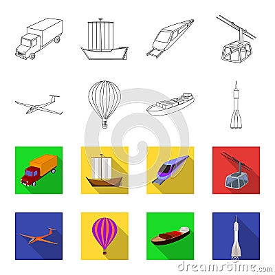 A drone, a glider, a balloon, a transportation barge, a space rocket transport modes. Transport set collection icons in Vector Illustration