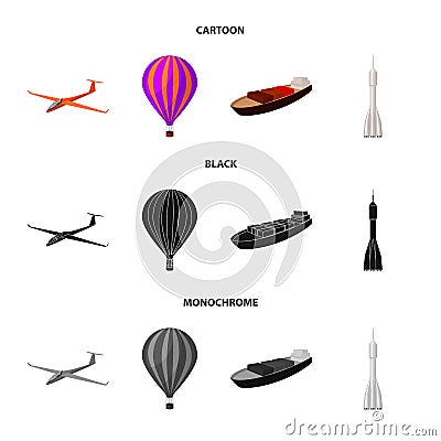 A drone, a glider, a balloon, a transportation barge, a space rocket transport modes. Transport set collection icons in Vector Illustration