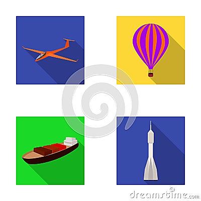 A drone, a glider, a balloon, a transportation barge, a space rocket transport modes. Transport set collection icons in Vector Illustration