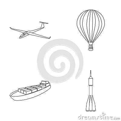 A drone, a glider, a balloon, a transportation barge, a space rocket transport modes. Transport set collection icons in Vector Illustration