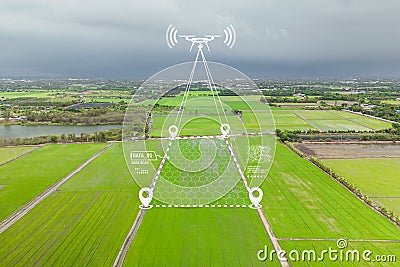 Drone Gps positioning system, Aerial view land plot. Site survey for property location, Drone mapping measurement area technology Stock Photo