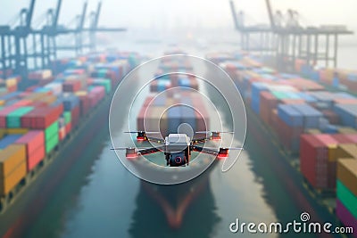 Drone hovering over a container ship entering port, tracking an online order Stock Photo