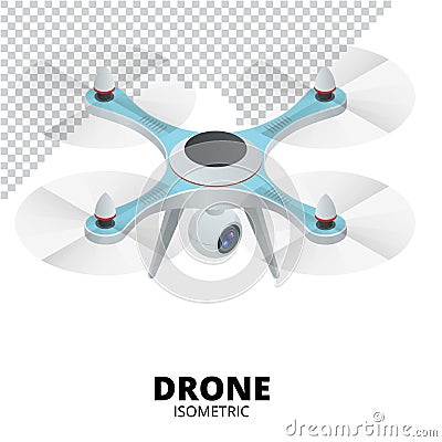 Drone isometric. Drone EPS. Drone quadrocopter 3d isometric illustration. Drone with action camera icon. Drone logo. Vector Illustration