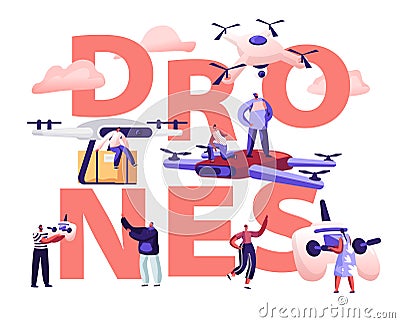 Drone Mail Service Concept. People Control Quadcopters, Parcel Shipping, Deliver Box to Consumer. Futuristic Technology Vector Illustration