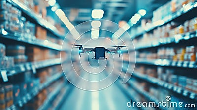 Drone navigating aisle in modern retail store for efficient inventory management. AI and automation Stock Photo